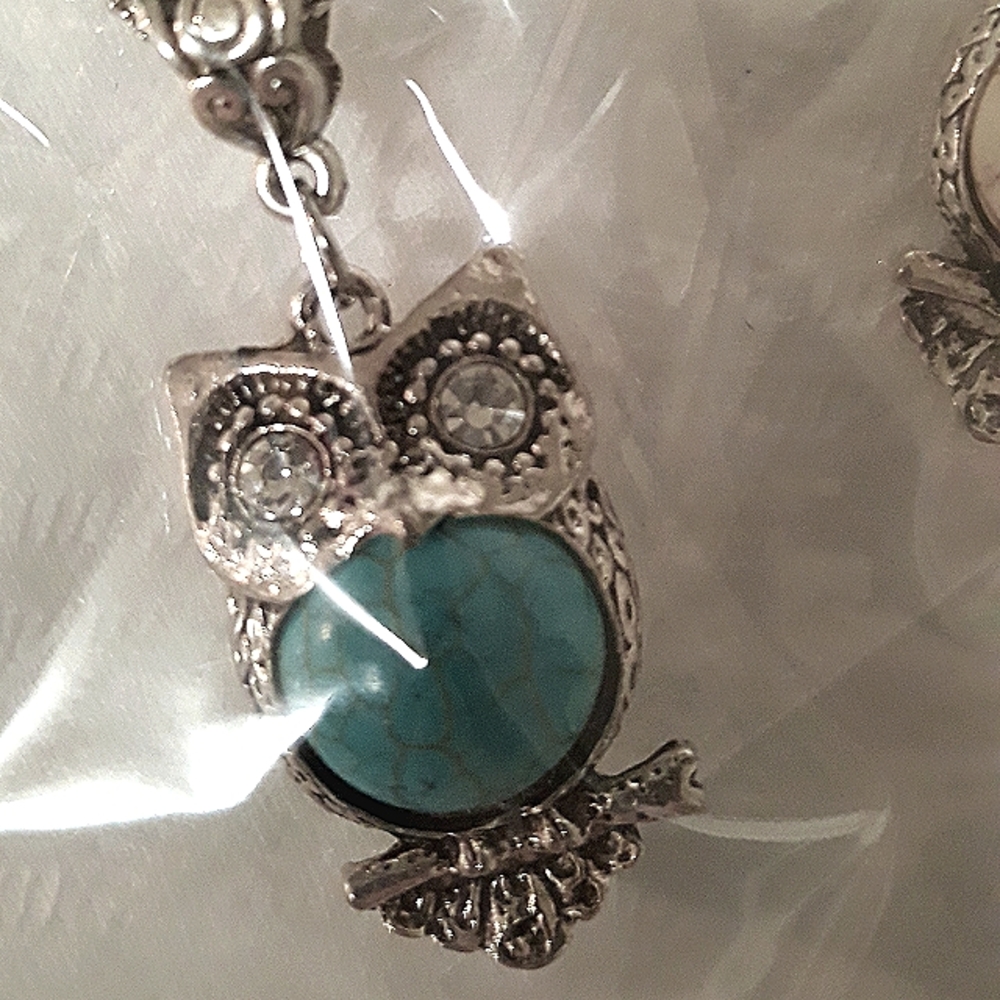 Owl Necklace Silver Blue Stone Semiprecious Rhinestone CZ eyes 22"-24" Chain NEW